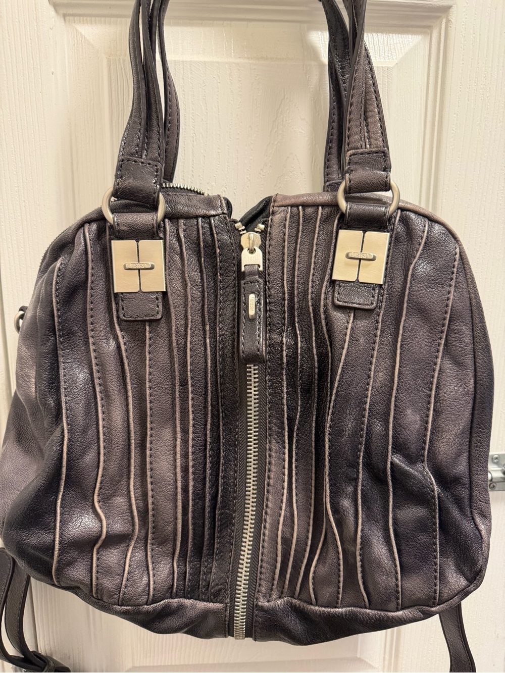 Gray Distressed Leather Shoulder Bag with Adjustable Strap